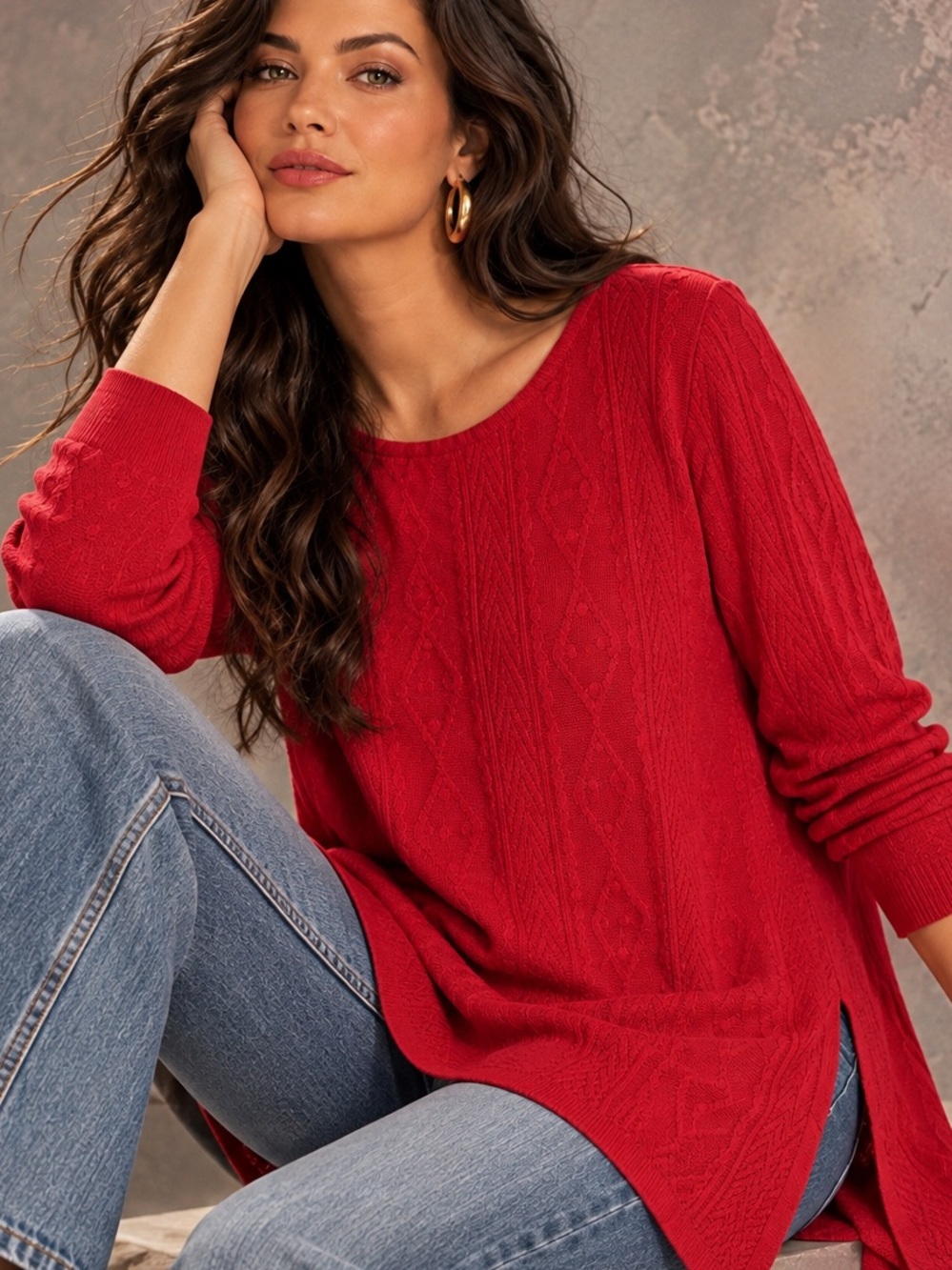 NWT Slim Factor Women's Red Long Sleeve Textured Knit Tunic Sweater Size 1X